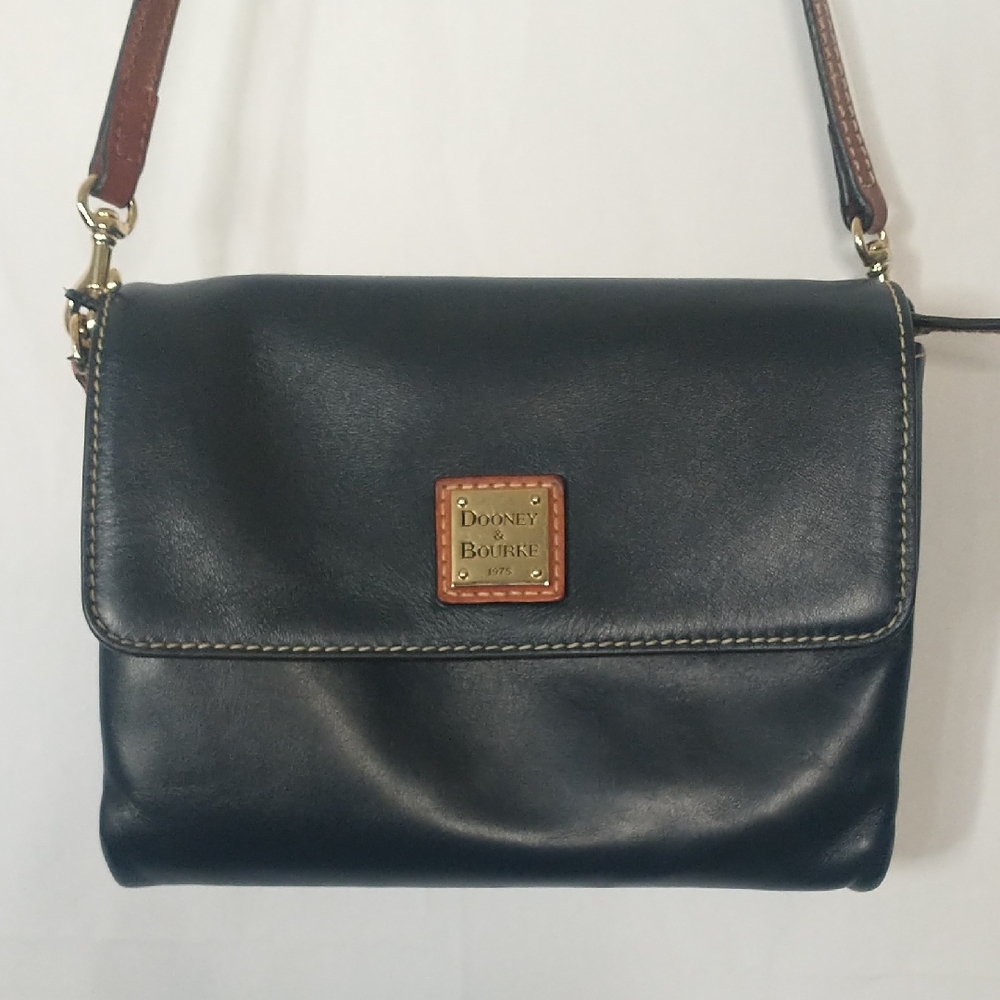Dooney & Bourke Black Leather Crossbody with Brown Trim and Gold Plaque